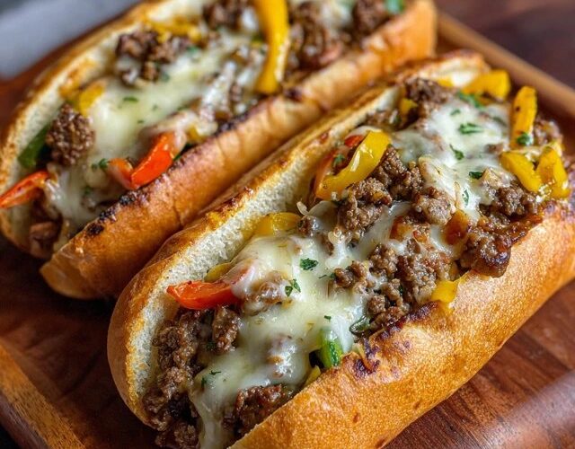 Philly cheesesteak sandwich on a hoagie roll overflowing with thinly sliced steak, sautéed peppers and onions, and gooey melted provolone cheese