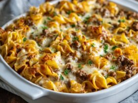 Beef noodle casserole in a baking dish, egg noodles in a creamy tomato beef sauce topped with bubbly golden melted cheese, a scoop removed to show the cheesy layers