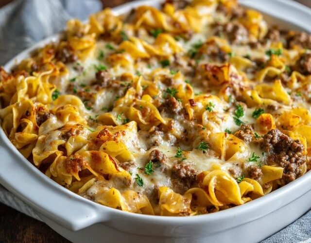Beef noodle casserole in a baking dish, egg noodles in a creamy tomato beef sauce topped with bubbly golden melted cheese, a scoop removed to show the cheesy layers