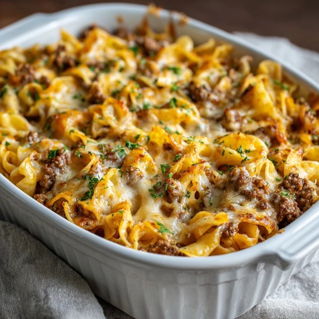 Close-up of a serving showing tender egg noodles, ground beef, creamy sauce and stretchy melted cheese