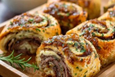 Beef Wellington pinwheels on a platter, golden puff pastry spirals filled with mushroom duxelles and steak, flaky layers, garnished with fresh thyme