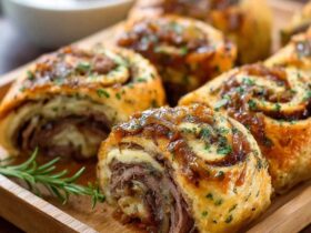 Beef Wellington pinwheels on a platter, golden puff pastry spirals filled with mushroom duxelles and steak, flaky layers, garnished with fresh thyme
