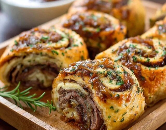 Beef Wellington pinwheels on a platter, golden puff pastry spirals filled with mushroom duxelles and steak, flaky layers, garnished with fresh thyme