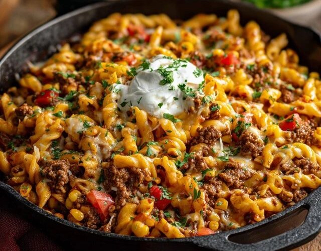 Cheesy beef pasta skillet, short pasta and ground beef in a creamy tomato sauce topped with melted cheese and parsley, served in a cast iron pan