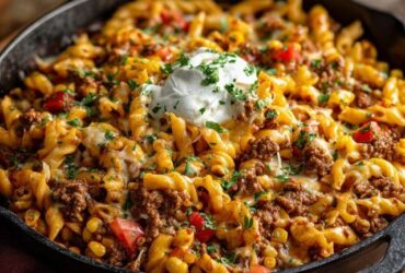Cheesy beef pasta skillet, short pasta and ground beef in a creamy tomato sauce topped with melted cheese and parsley, served in a cast iron pan