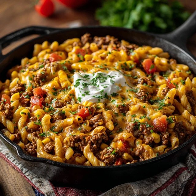 Close-up of a spoonful of cheesy beef pasta with stretchy melted cheese and a glossy tomato cream sauce