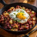 Corned beef hash in a cast iron skillet, crispy golden potatoes and corned beef with a sunny-side-up egg on top, runny yolk, chopped parsley and black pepper