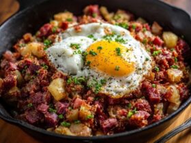 Corned beef hash in a cast iron skillet, crispy golden potatoes and corned beef with a sunny-side-up egg on top, runny yolk, chopped parsley and black pepper