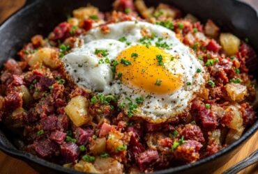 Corned beef hash in a cast iron skillet, crispy golden potatoes and corned beef with a sunny-side-up egg on top, runny yolk, chopped parsley and black pepper