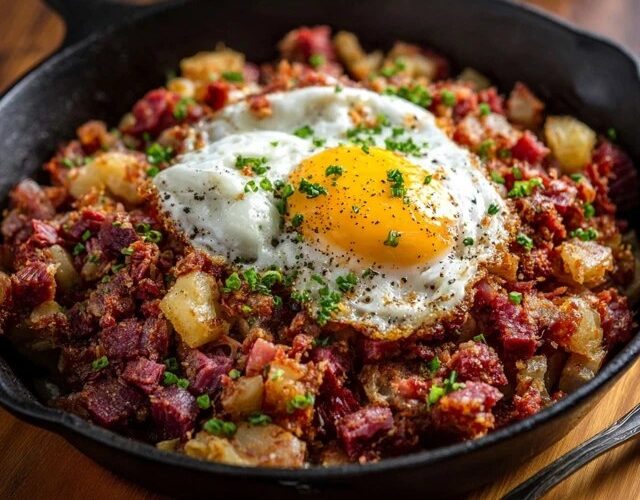 Corned beef hash in a cast iron skillet, crispy golden potatoes and corned beef with a sunny-side-up egg on top, runny yolk, chopped parsley and black pepper