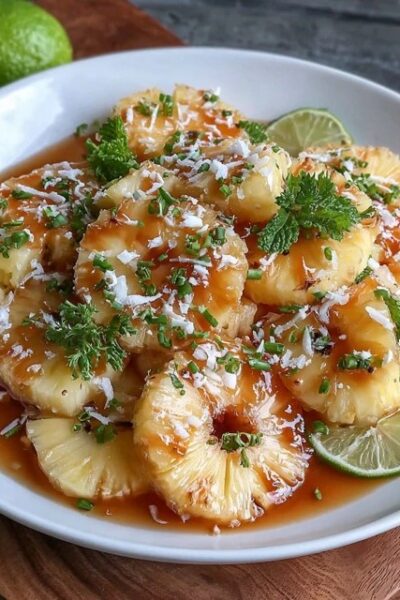 Pineapple salad in a bowl, fresh pineapple chunks with shredded coconut and a creamy coconut dressing, garnished with mint and toasted coconut flakes