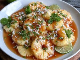 Pineapple salad in a bowl, fresh pineapple chunks with shredded coconut and a creamy coconut dressing, garnished with mint and toasted coconut flakes