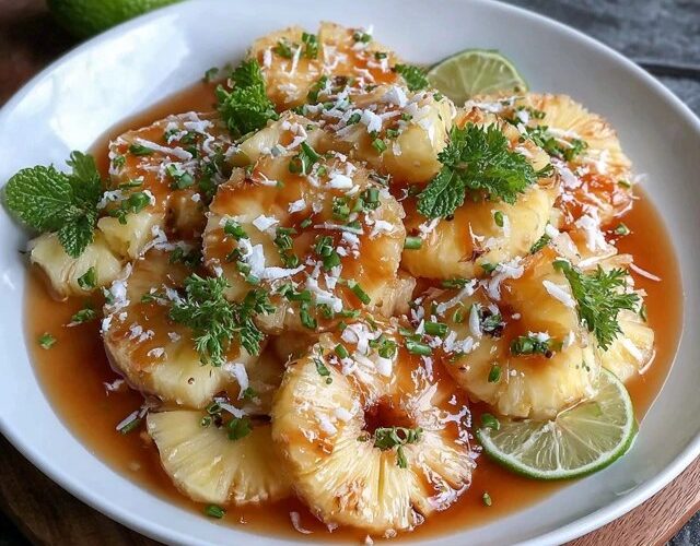 Pineapple salad in a bowl, fresh pineapple chunks with shredded coconut and a creamy coconut dressing, garnished with mint and toasted coconut flakes