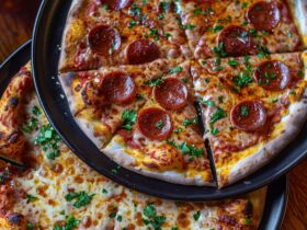 Cheese and pepperoni pizza overhead, golden crust, melted mozzarella, crispy cupped pepperoni with charred edges and grease pools, dish fills the frame, vibrant colors
