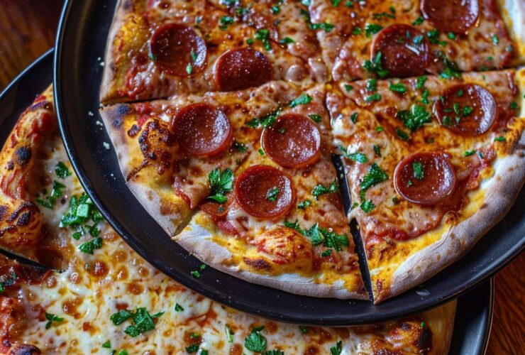 Cheese and pepperoni pizza overhead, golden crust, melted mozzarella, crispy cupped pepperoni with charred edges and grease pools, dish fills the frame, vibrant colors