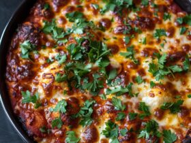 Bubble up pizza bake overhead in a casserole dish, golden biscuit pieces poking through bubbly melted cheese, pepperoni, glossy marinara, fresh herbs scattered, dish fills the frame
