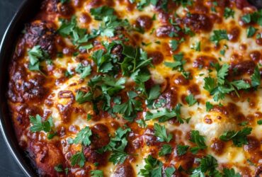Bubble up pizza bake overhead in a casserole dish, golden biscuit pieces poking through bubbly melted cheese, pepperoni, glossy marinara, fresh herbs scattered, dish fills the frame