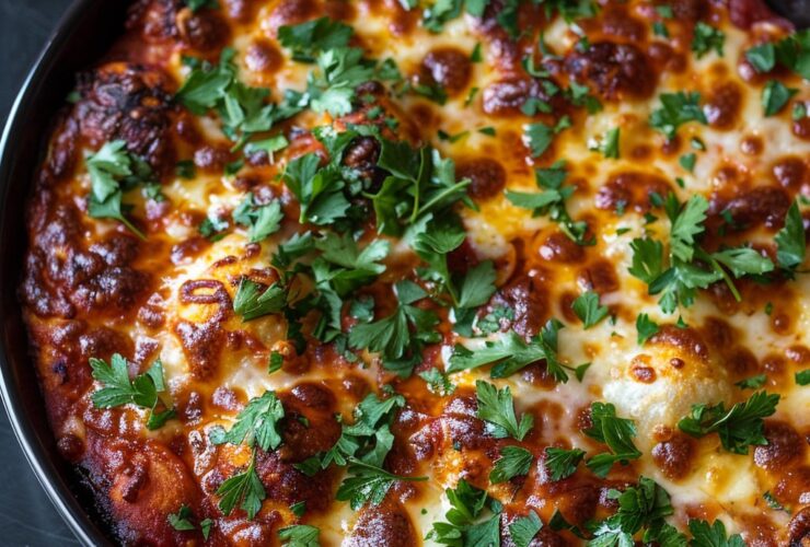 Bubble up pizza bake overhead in a casserole dish, golden biscuit pieces poking through bubbly melted cheese, pepperoni, glossy marinara, fresh herbs scattered, dish fills the frame