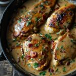 Bacon ranch chicken skillet overhead, golden seared chicken breasts in creamy ranch sauce, crispy bacon bits, melted cheddar, fresh chopped chives scattered, dish fills the frame
