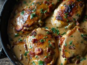 Bacon ranch chicken skillet overhead, golden seared chicken breasts in creamy ranch sauce, crispy bacon bits, melted cheddar, fresh chopped chives scattered, dish fills the frame