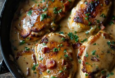 Bacon ranch chicken skillet overhead, golden seared chicken breasts in creamy ranch sauce, crispy bacon bits, melted cheddar, fresh chopped chives scattered, dish fills the frame
