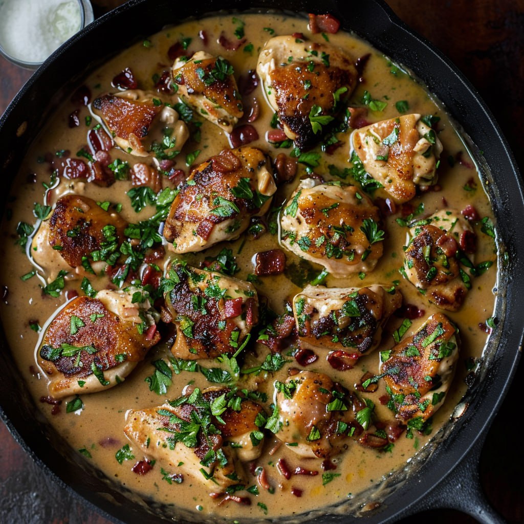 Close-up of bacon ranch chicken showing juicy chicken in creamy sauce, crispy bacon crumbles, melted cheddar, fresh chives