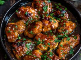 Honey butter chicken overhead, golden crispy chicken pieces coated in glossy sticky honey butter glaze, sesame seeds and fresh chopped parsley scattered, dish fills the frame, warm golden tones