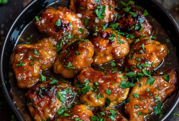 Honey butter chicken overhead, golden crispy chicken pieces coated in glossy sticky honey butter glaze, sesame seeds and fresh chopped parsley scattered, dish fills the frame, warm golden tones