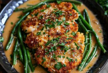 Parmesan crusted chicken overhead on a plate with green beans, golden crispy parmesan-panko crust, juicy chicken, fresh parsley and lemon wedge, dish fills the frame, warm golden tones