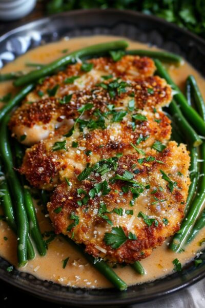 Parmesan crusted chicken overhead on a plate with green beans, golden crispy parmesan-panko crust, juicy chicken, fresh parsley and lemon wedge, dish fills the frame, warm golden tones