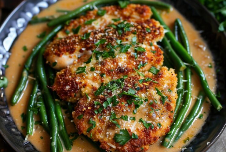 Parmesan crusted chicken overhead on a plate with green beans, golden crispy parmesan-panko crust, juicy chicken, fresh parsley and lemon wedge, dish fills the frame, warm golden tones