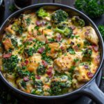 Cheesy chicken broccoli casserole overhead in a baking dish, golden bubbly cheddar top, chunks of chicken, bright green broccoli, creamy rice, crispy turkey bacon bits, dish fills the frame