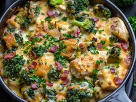Cheesy chicken broccoli casserole overhead in a baking dish, golden bubbly cheddar top, chunks of chicken, bright green broccoli, creamy rice, crispy turkey bacon bits, dish fills the frame