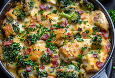 Cheesy chicken broccoli casserole overhead in a baking dish, golden bubbly cheddar top, chunks of chicken, bright green broccoli, creamy rice, crispy turkey bacon bits, dish fills the frame