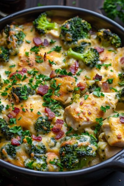 Cheesy chicken broccoli casserole overhead in a baking dish, golden bubbly cheddar top, chunks of chicken, bright green broccoli, creamy rice, crispy turkey bacon bits, dish fills the frame