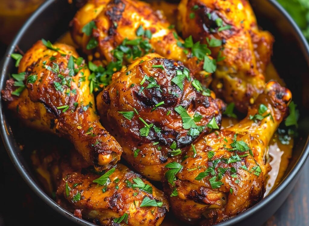 Insanely juicy air fryer chicken overhead, golden seasoned chicken breasts with crispy edges, glossy surface, fresh chopped parsley scattered, dish fills the frame, vibrant warm tones