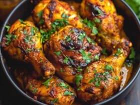 Insanely juicy air fryer chicken overhead, golden seasoned chicken breasts with crispy edges, glossy surface, fresh chopped parsley scattered, dish fills the frame, vibrant warm tones