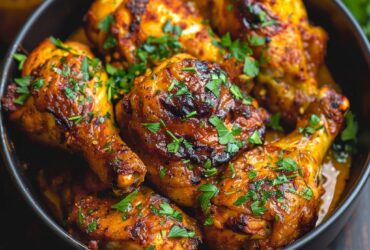 Insanely juicy air fryer chicken overhead, golden seasoned chicken breasts with crispy edges, glossy surface, fresh chopped parsley scattered, dish fills the frame, vibrant warm tones