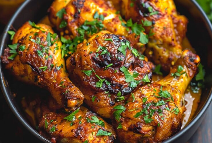 Insanely juicy air fryer chicken overhead, golden seasoned chicken breasts with crispy edges, glossy surface, fresh chopped parsley scattered, dish fills the frame, vibrant warm tones