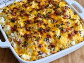 Loaded mashed potato casserole in a baking dish, creamy mashed potatoes topped with melted cheddar, crispy bacon bits, sour cream dollops and fresh chives, a scoop removed showing the fluffy interior