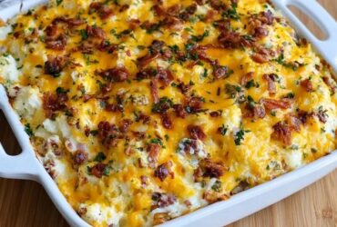 Loaded mashed potato casserole in a baking dish, creamy mashed potatoes topped with melted cheddar, crispy bacon bits, sour cream dollops and fresh chives, a scoop removed showing the fluffy interior