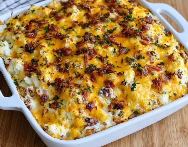 Loaded mashed potato casserole in a baking dish, creamy mashed potatoes topped with melted cheddar, crispy bacon bits, sour cream dollops and fresh chives, a scoop removed showing the fluffy interior