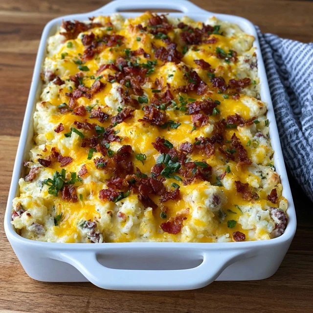 Close-up of the casserole showing melty cheese, bacon crumbles and chives over creamy mashed potatoes