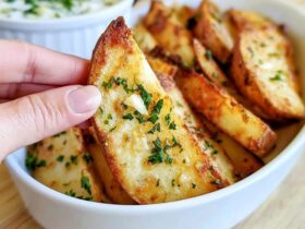 Garlic parmesan potato wedges on a baking sheet, crispy golden wedges coated in parmesan, garlic and herbs, garnished with parsley, a bowl of garlic aioli for dipping
