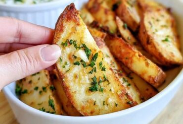 Garlic parmesan potato wedges on a baking sheet, crispy golden wedges coated in parmesan, garlic and herbs, garnished with parsley, a bowl of garlic aioli for dipping