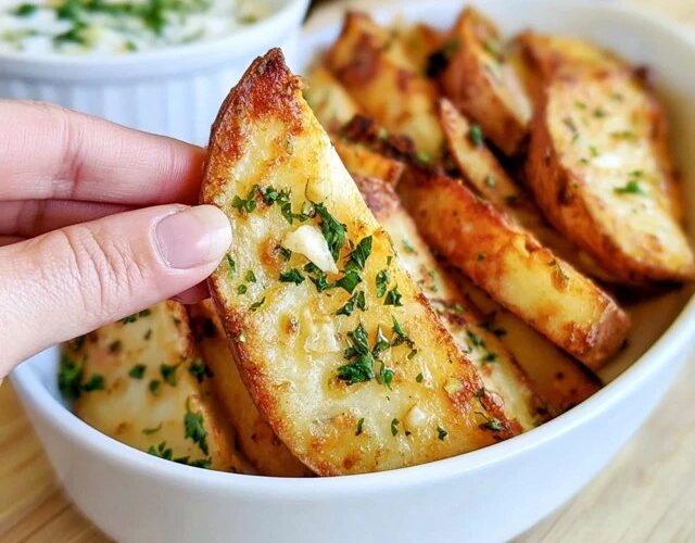 Garlic parmesan potato wedges on a baking sheet, crispy golden wedges coated in parmesan, garlic and herbs, garnished with parsley, a bowl of garlic aioli for dipping