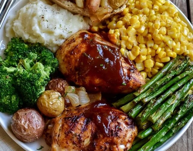 Grilled chicken dinner plate, juicy grill-marked chicken breast with roasted potatoes, grilled vegetables and a lemon wedge, garnished with fresh herbs