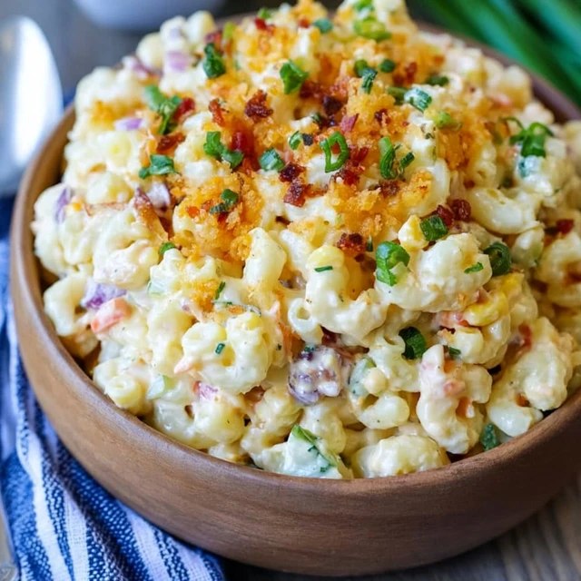Close-up of creamy macaroni salad showing cheddar cubes, bacon pieces and the glossy dressing coating every noodle