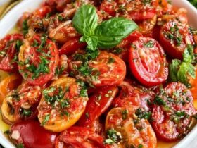 Tomato basil salad on a platter, juicy ripe tomato wedges and cherry tomatoes with fresh mozzarella, torn basil leaves, drizzled with balsamic glaze and olive oil