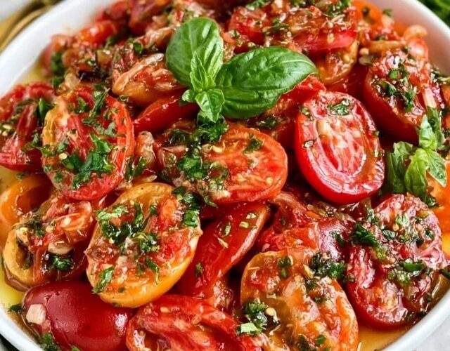 Tomato basil salad on a platter, juicy ripe tomato wedges and cherry tomatoes with fresh mozzarella, torn basil leaves, drizzled with balsamic glaze and olive oil